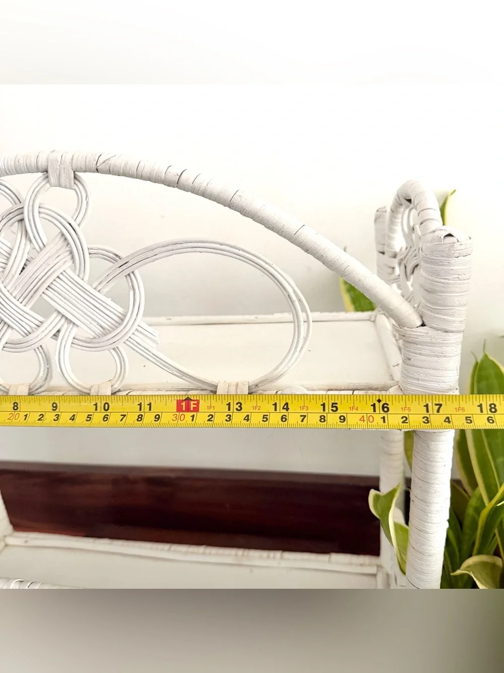 Vintage White Wicker Two Tier Display Shelf Boho Cottagecore Accent Eclectic